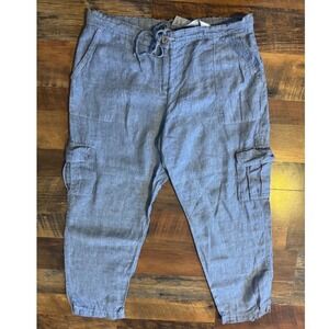 Tommy Bahama Women Linen Chambray Cargo Jogger Drawstrings Button Zip Closure L